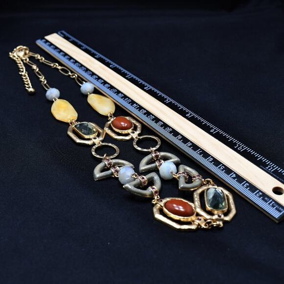 Chico’s Hammered Gold Link Necklace Faux Stones Enamel 29” Statement Jewelry - Picture 5 of 8